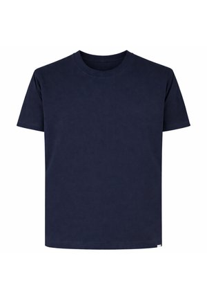 T-shirt tinta unita blu navy a maniche corte con scollo rotondo, vestibilità rilassata e senza loghi o disegni visibili.