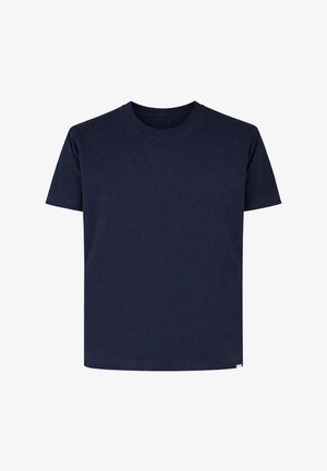 T-shirt tinta unita blu navy a maniche corte con scollo rotondo, vestibilità rilassata e senza loghi o disegni visibili.
