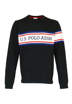 Czarna bluza z długim rękawem z białymi, czerwonymi i niebieskimi poziomymi paskami oraz napisem "U.S. POLO ASSN." na piersi i rękawie.