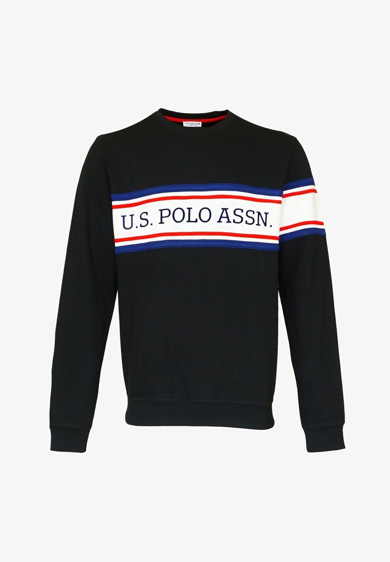 Sweatshirt noir à manches longues avec des bandes horizontales blanches, rouges et bleues, et le texte "U.S. POLO ASSN." sur la poitrine et la manche.