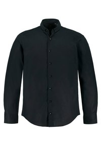 Schwarzes Langarmhemd mit Knopfverschluss. Verfügt über einen klassischen Kragen und einen abgerundeten Saum. Hergestellt aus glattem Stoff mit einem minimalistischen Design.