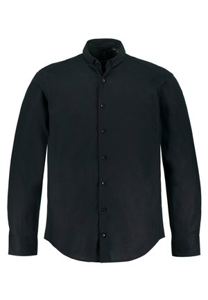 Schwarzes Langarmhemd mit Knopfverschluss. Verfügt über einen klassischen Kragen und einen abgerundeten Saum. Hergestellt aus glattem Stoff mit einem minimalistischen Design.