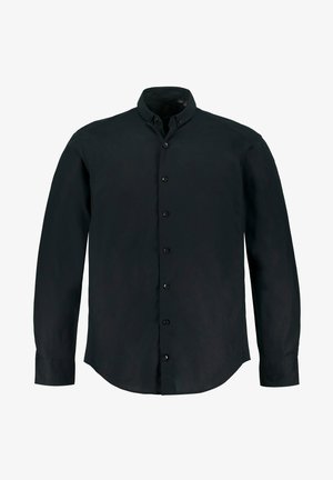 Maglietta nera a maniche lunghe con chiusura a bottoni. Presenta un colletto classico e un orlo curvo. Realizzata in tessuto liscio con un design minimale.