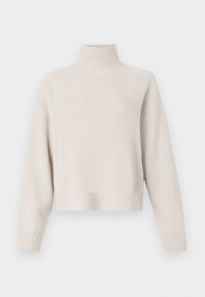 Hellbeige Rollkragenpullover aus weichem Stoff. Bietet einen lässigen Schnitt, gerippte Säume und Manschetten sowie lange Ärmel. Minimalistisches Design.