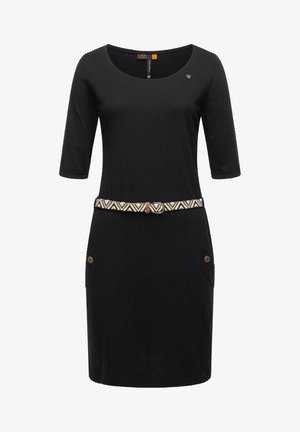 Czarna sukienka krótki rękaw z okrągłym dekoltem, z dwoma bocznymi kieszeniami, wzorzystym paskiem oraz dekoracyjnym logo w pobliżu dekoltu.