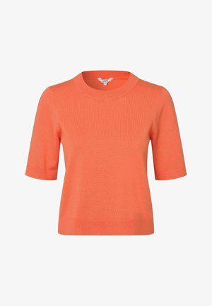 Top in maglia a maniche corte di colore corallo vivace con scollo tondo e polsini e orlo a coste, mostrato su sfondo bianco semplice.