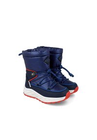 Botas de nieve aisladas en color azul marino con parte superior texturizada, acentos rojos, cierre de cordón ajustable y suela blanca acolchada. Ideales para climas fríos.