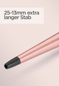 Rose gold metallic pencil with a tapered shape, featuring a black rubber tip and a matte texture. Length marked 25-13mm extra longer Stab.