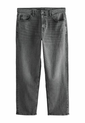 Atsipalaidavimu pasižymintys juodi džinsai su lygia tekstūra, penkių kišenių dizainu ir subtiliu nusidėvėjimu. Turi mygtuko užsegimą ir diržo kilpas.