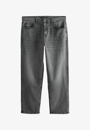 Relaxed-fit black denim jeans with a smooth texture, five-pocket design, and subtle fading. Features a button closure and belt loops.