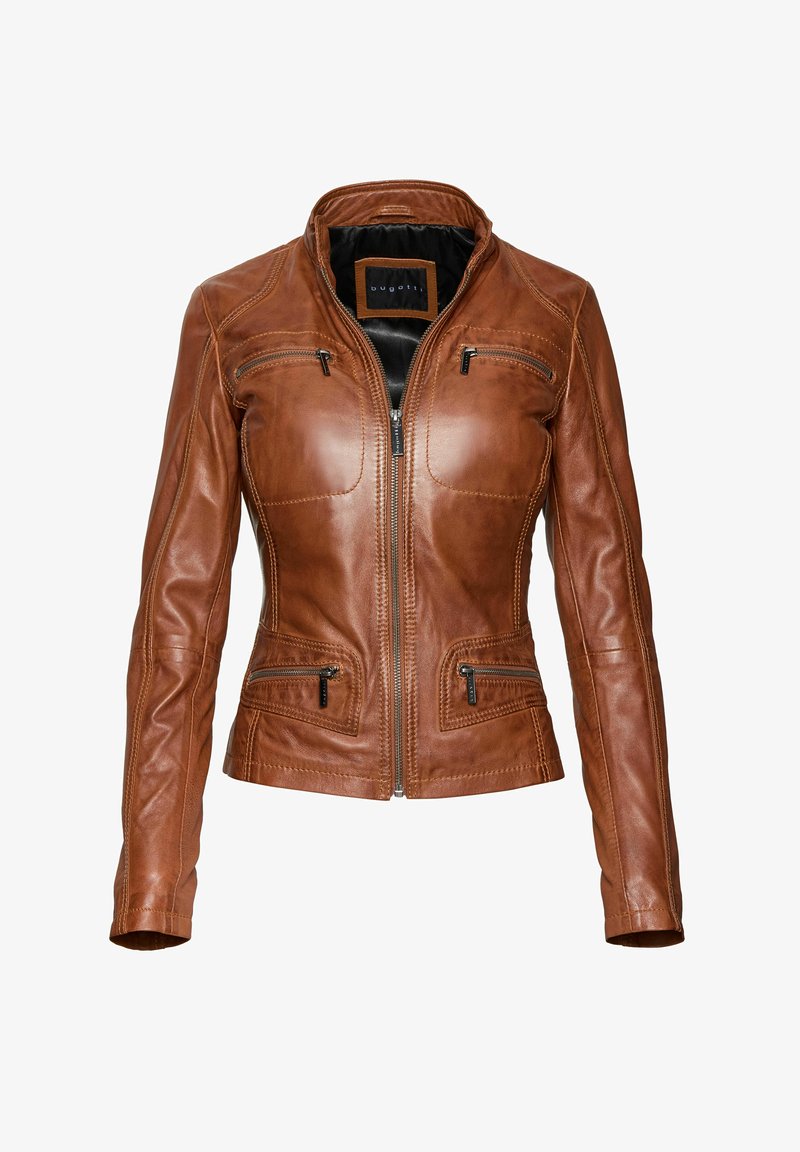 Smeđa kožna jakna s prednim patentnim zatvaračem, četiri džepa s patentnim zatvaračem i stojećim ovratnikom, dizajnirana za žene.