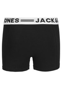 Juodų medvilninių bokso šortų su balta elastine juosta, kurioje užrašas "JACK & JONES" juoda spalva. Lygus paviršius ir prigludęs dizainas.