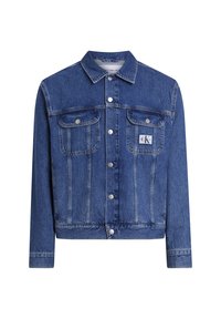 Džínová bunda v středně modré barvě s klasickým límcem, předním zapínáním na knoflíky, dvěma náprsními kapsami a malou logemovou nášivkou na levé kapse.