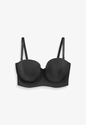 Sort underwired bh med glat tekstur, polstrede skåle, justerbare stropper og et støttende bånd. Har et sømløst design.