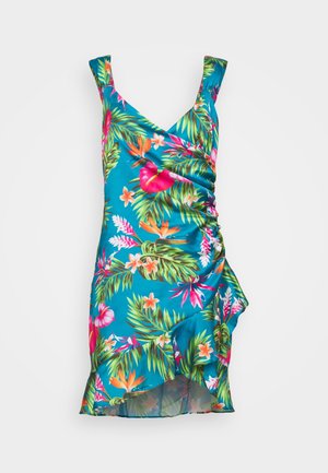 Robe portefeuille sans manches couleur sarcelle avec ourlet à volants, présentant des motifs floraux tropicaux et des feuilles vibrants en rose, orange et vert.