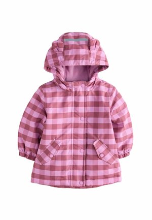 Giacca a quadri rosa resistente all'acqua con cappuccio foderato, chiusura anteriore a scatto e polsini elasticizzati. Presenta due tasche frontali.