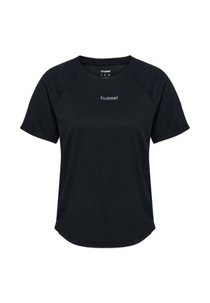 Czarny sportowy T-shirt hummel z krótkim rękawem, z okrągłym dekoltem i logo na środku klatki piersiowej, wykonany z oddychającego materiału.