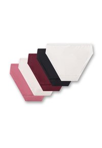 Vijf paar boxershorts in roze, bordeaux, wit, zwart en donker bordeaux. Zacht, rekbaar materiaal met een elastische tailleband.