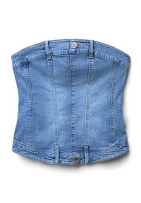 Top in denim blu chiaro. Presenta cuciture piatte, una silhouette strutturata e una chiusura con bottone metallico sul retro. Senza spalline.