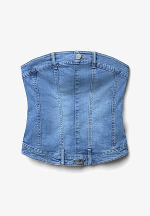 Top corset en denim de couleur bleu clair. Comprend des coutures à plat, une silhouette structurée, et une fermeture à bouton en métal au dos. Sans bretelles.
