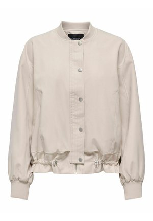 Veste bomber beige clair avec col et poignets côtelés, boutons-pression sur le devant, ourlet avec cordon élastique et deux poches latérales.