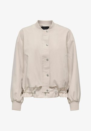 Veste bomber beige clair avec col et poignets côtelés, boutons-pression sur le devant, ourlet avec cordon élastique et deux poches latérales.