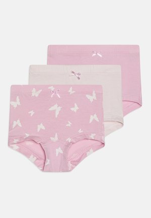 Tre paia di slip per ragazze in diverse tonalità di rosa. Due di esse presentano stampe di farfalle; tutte hanno un fiocchetto di satin in vita. Materiale in cotone morbido.
