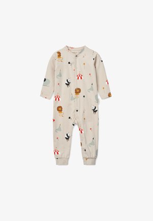 Un body de algodón beige claro con mangas largas, que presenta patrones coloridos de animales de circo, botones a presión en la parte delantera y puños ajustados.