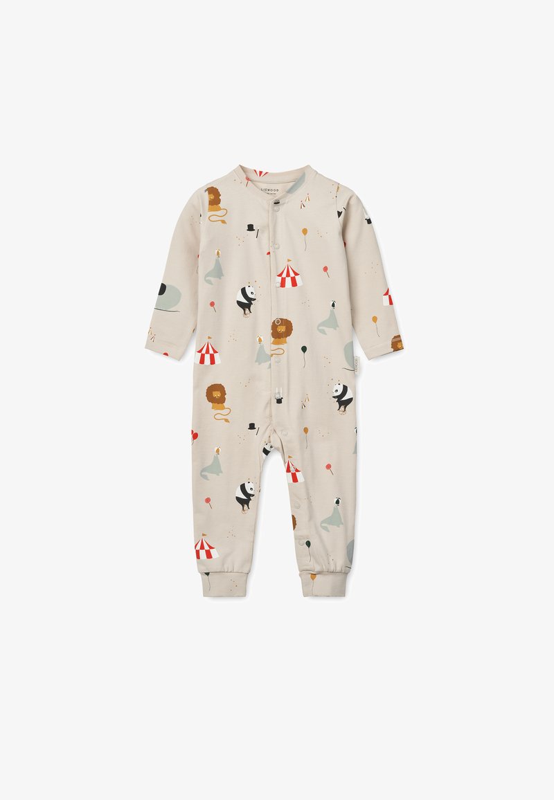 Un body de algodón beige claro con mangas largas, que presenta patrones coloridos de animales de circo, botones a presión en la parte delantera y puños ajustados.