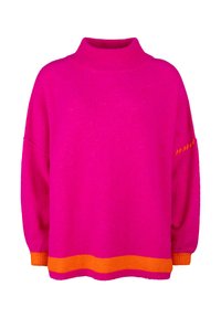 Helles pinkes Sweatshirt mit hohem Kragen, langen Ärmeln und orangefarbenen Akzenten an den Bündchen, dem Saum und einer Nahtdetails an einem Ärmel.