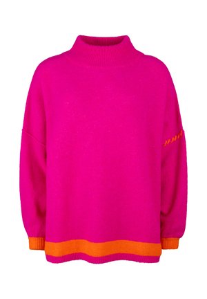 Helles pinkes Sweatshirt mit hohem Kragen, langen Ärmeln und orangefarbenen Akzenten an den Bündchen, dem Saum und einer Nahtdetails an einem Ärmel.