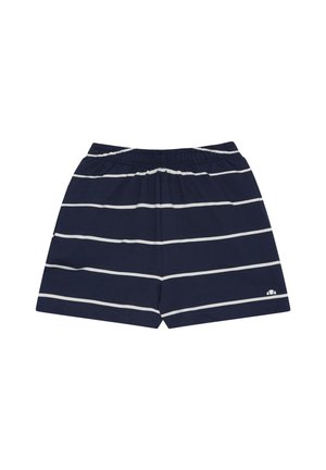 Shorts bleu marine avec des rayures horizontales blanches et une taille élastique, présentant un petit logo blanc sur la jambe droite en bas.