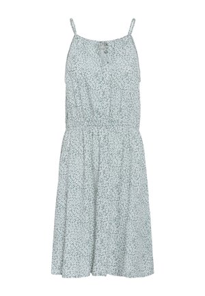 Blomsterkjole i lys grøn med hvide mønstre, justerbare spaghetti-stropper, elastisk talje og nederdel til knæet. Blødt stof.