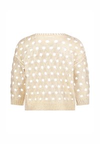 Strickpullover in zartem Gelb mit offenen Punktdetails, kurzen Ärmeln, rundem Halsausschnitt und geripptem Saum, der ein strukturiertes, luftiges Design präsentiert.