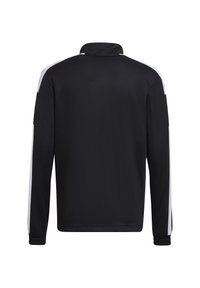 Schwarze Jacke mit hohem Kragen und langen Ärmeln, ausgestattet mit weißen Streifen entlang der Schultern. Glatte Textur und elastische Bündchen.