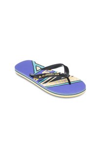 Lilla flip-flop med en tekstureret fodbækken, sorte gummistropper og gule/blå geometriske mønstre. Har gulddetaljer med logo.