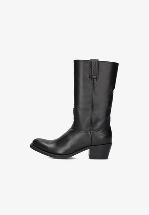Zwarte leren cowboylaarzen met een iets spitse neus, verhoogde hak en decoratieve stiksels op de schacht. Zijsluiting met rits.