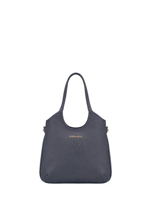 Dark gray leather handbag with double shoulder straps, gold logo text, and perforated heart with initials on front center.