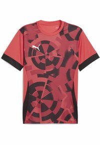 Czerwono-czarna sportowa koszulka z krótkim rękawem, charakteryzująca się geometrycznym wzorem w kształcie okręgu, wykonana z oddychającego materiału, z okrągłym dekoltem i siateczkowymi wstawkami.