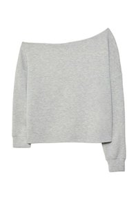 Sweat-shirt asymétrique gris clair à manches longues avec une encolure dévoilant une épaule et des poignets côtelés.