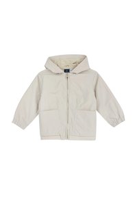 Veste à capuche pour enfants de couleur beige clair avec une fermeture éclair sur le devant, deux grandes poches avant et des poignets élastiques sur les manches longues.