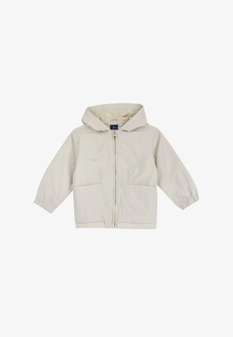 Veste à capuche pour enfants de couleur beige clair avec une fermeture éclair sur le devant, deux grandes poches avant et des poignets élastiques sur les manches longues.