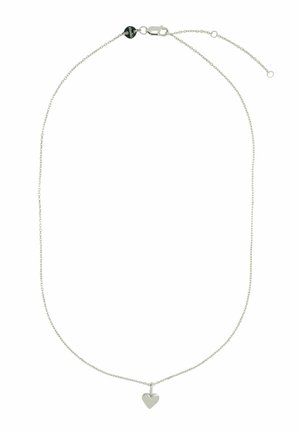 Srebrna ogrlica z nežno verižico in majhnim obeskom v obliki srca s teksturirano površino. Vključuje zaponko v obliki raka za varno zapiranje.