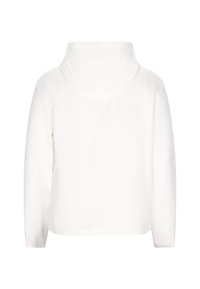 Weißer Kapuzenpullover mit langen Ärmeln, glatter Textur und lockerer Passform, der ein minimalistisches Design ohne sichtbare Verzierungen aufweist.