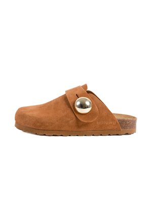Clog en suède marron avec un accent métallique rond et une sangle. Dispose d'une semelle texturée et d'un bout rond. Design simple et ouvert à l'arrière.