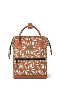Brown floral-patterned backpack with textured leather handles and accents, featuring a front zipper pocket and a round logo patch.