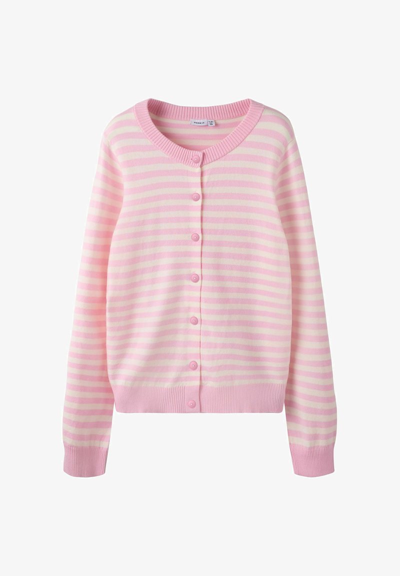 Rosa-weiß gestreifte Strickjacke mit Rundhalsausschnitt, Knopfleiste vorne und gerippten Bündchen. Hergestellt aus weichem Material, mit gleichmäßig verteilten Streifen.