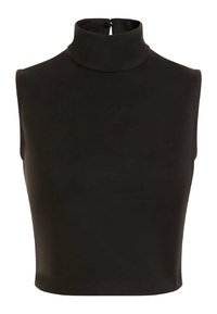 Musta ilmanhiha turtleneck-toppi, jossa on sileä pinta, lyhennetty muotoilu ja nappikiinnitys takana kaulan alueella.