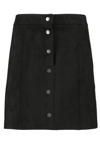 Mini jupe en daim noir avec fermeture à boutons sur le devant dot�ée de boutons métalliques, silhouette structurée et détails de couture verticaux.