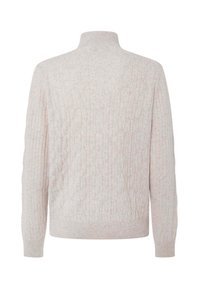Helles graues gestricktes Sweatshirt mit hohem Kragen, das ein strukturiertes, Kabelstrickmuster, gerippte Bündchen und Saum aufweist. Nur die Rückansicht.